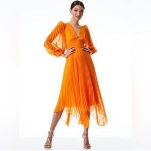 Alice + Olivia Sion Midi Sun Dress Sz 2 Tangerine Pleated Chiffon Puff Sleeves